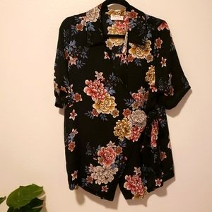 Black Floral Wrap Blouse